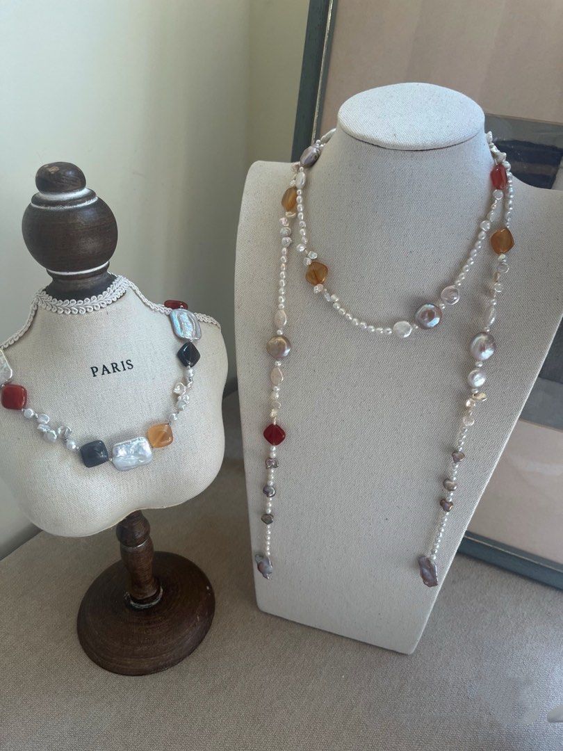 #PN634 Freshwater Pearl Necklace | Baby Petals Baroque Pearl | Silver Blue Big Square | Magic Old Coin Pearl| Colourful Agate Square | Ancient Silver Stone Pearl