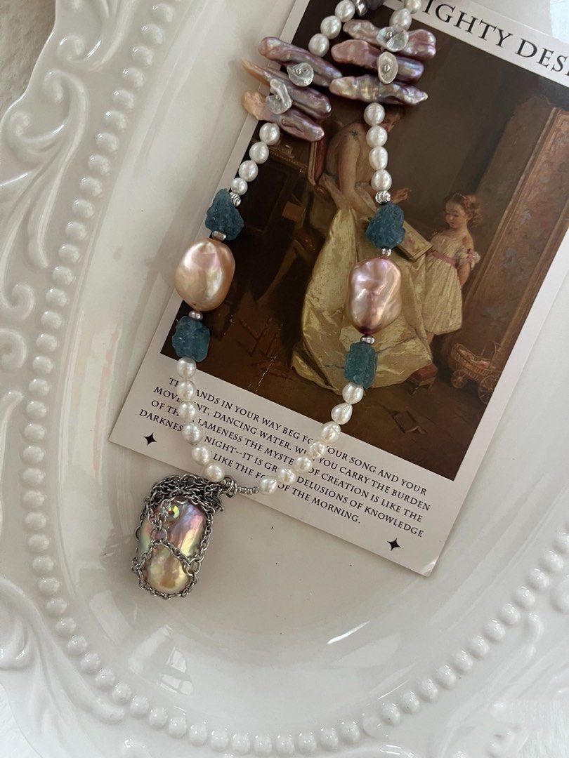 #PN635 Freshwater Pearl Necklace | Raw Stone Aquamarine | Fluorite Barrel | Lustrous Baroque Pearl| Dangling Pendant| Unique Design| Petal on Lute