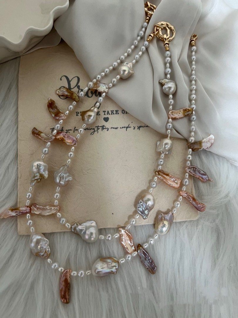 #PN641 Freshwater Pearl Necklace | Pink-golden Fishtail Baroque Pearl | Red-leaf Lute Pearl | Lustrous