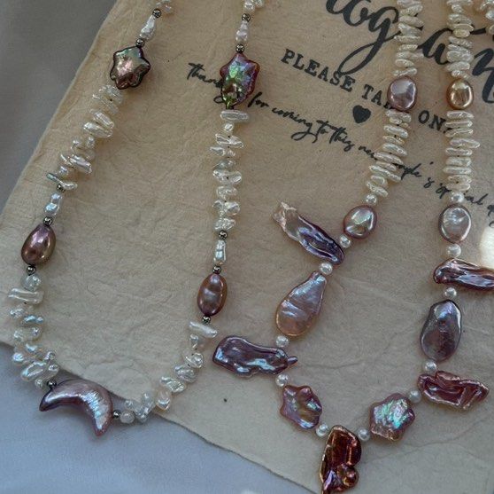 #PN636 Freshwater Pearl Necklace & Bracelet Set | Star & Moon Shaped Pearl | Golden Leaf Pearl | Layered White Stick Pearl| Lustrous