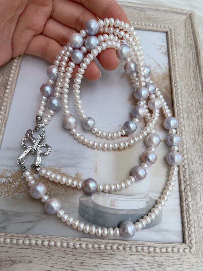 #PN654 Freshwater Pearl Necklace & Earrings Set| Grey-blue Big Pearl| Baby Abacus Pearl | Double Layered | Elegant | Bow Tie Clasp