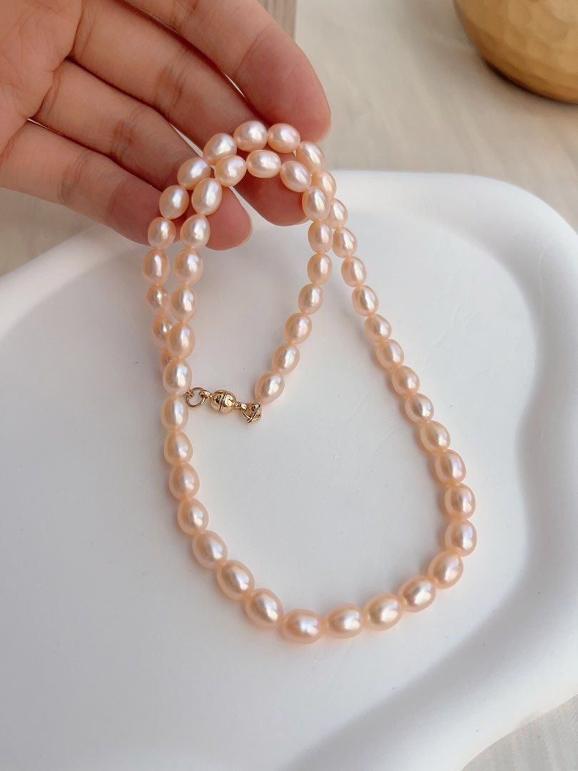 #PN663 Freshwater Pearl Necklace | Champagne Pink Rice Pearl| Superb Lustre | Magnetic Clasp
