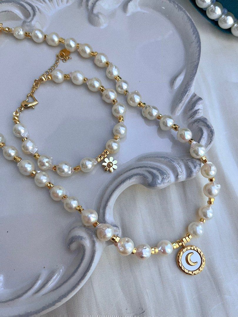 #PN679 Saltwater Pearl | Genuine Japan Akoya Pearl Necklace & Bracelet & Earrings Set| Light Gold & Pink Lustre| Rust-free Titanium Pendant | Heart Clasp | Irregular| “Kitten” Design Earrings