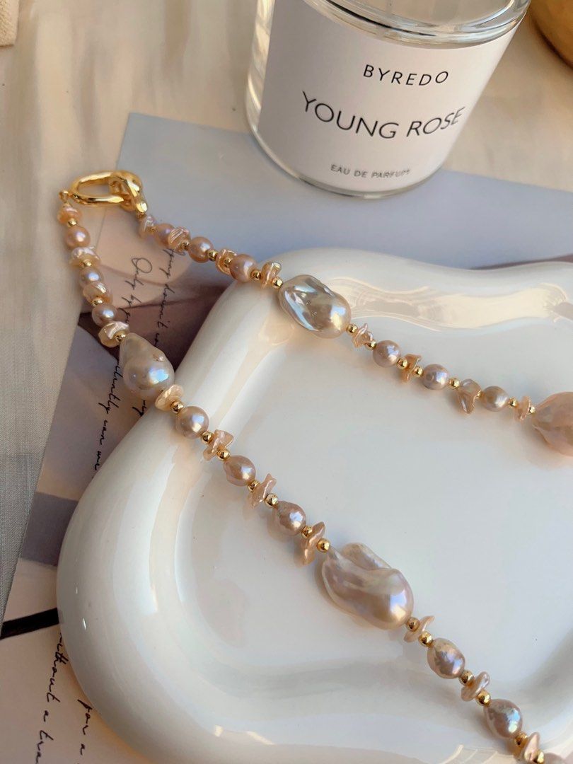 #PN691 Freshwater Pearl Necklace | Light Golden-pink Mid-size Fishtail Baroque Pearl | 60cm Long| Styling of a Day