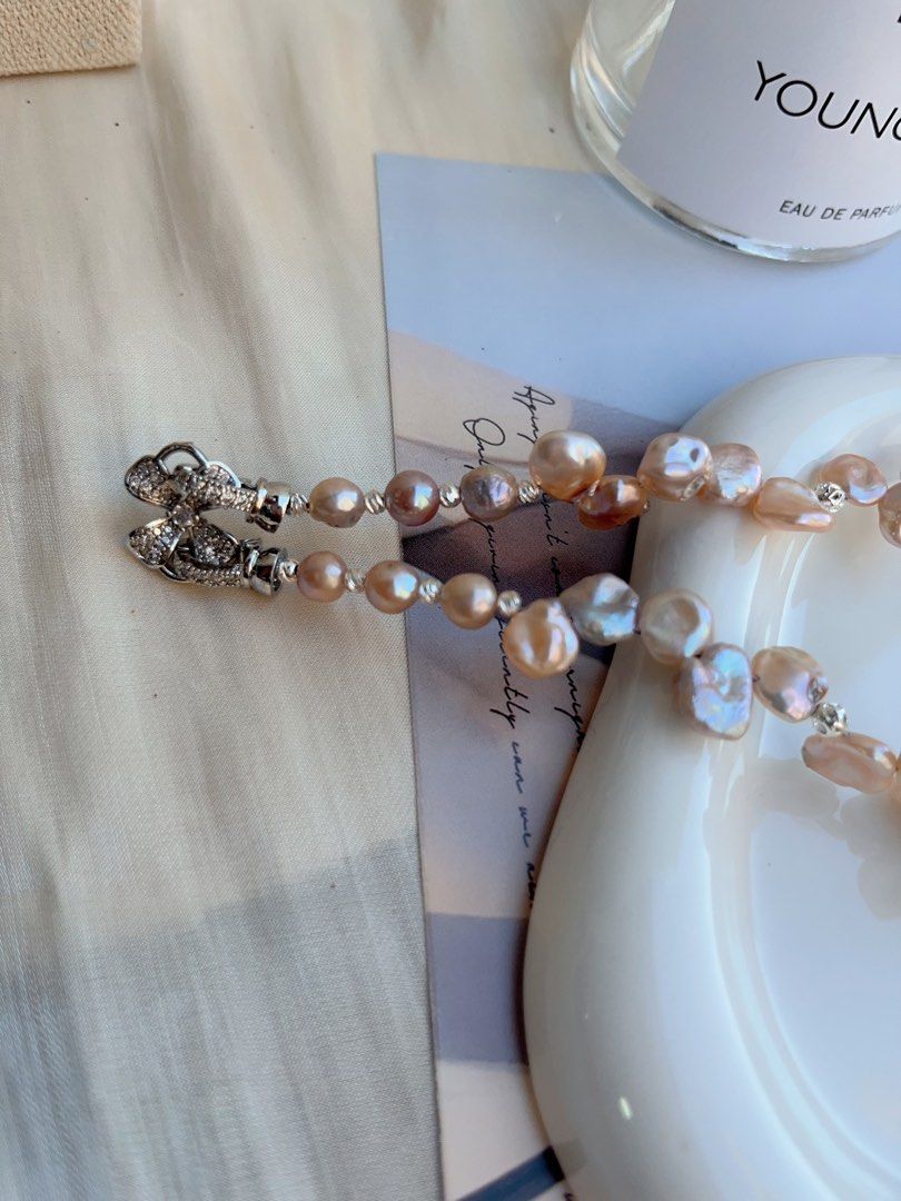 #PN697 Freshwater Pearl Necklace | Colourful Petal Pearls| Big Metallic Dangling Petal| Lace Design| 2-layer| I, Me & Myself