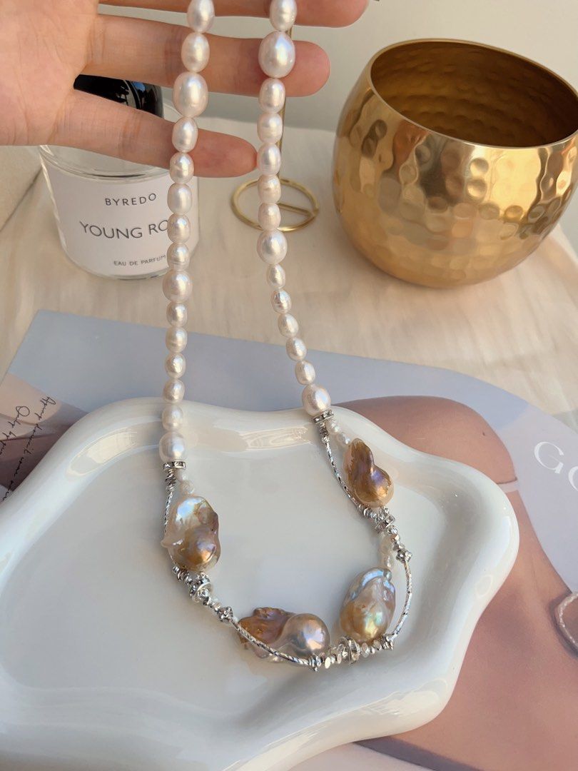 #PN702 Freshwater Pearl Necklace | Golden Splash & Silver Lustre| Big Fishtail Baroque | Superb Lustre| Put on the Queen Vibe