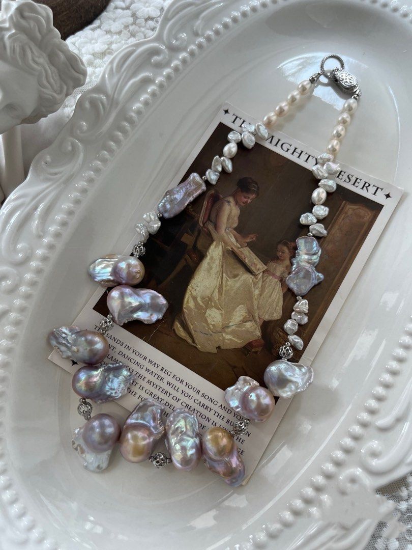 #PN794 Freshwater Pearl Necklace | Blue Purple-ish Shade Big Fishtail Baroque | Silver “Stone” Pearl | Big Blue Lute| Petals| Rare Colour| Chic Starts Here