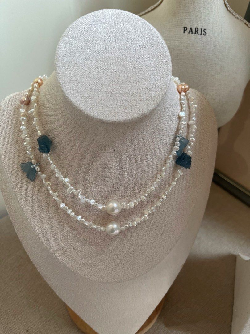 #PN822 Freshwater Pearl Necklace | 3-4mm Baby Pearl Stone| Huge Petal| Aquamarine Fishtail | Morganite | Baby Baroque | Lustrous | Dainty | Small Piece Big Impact