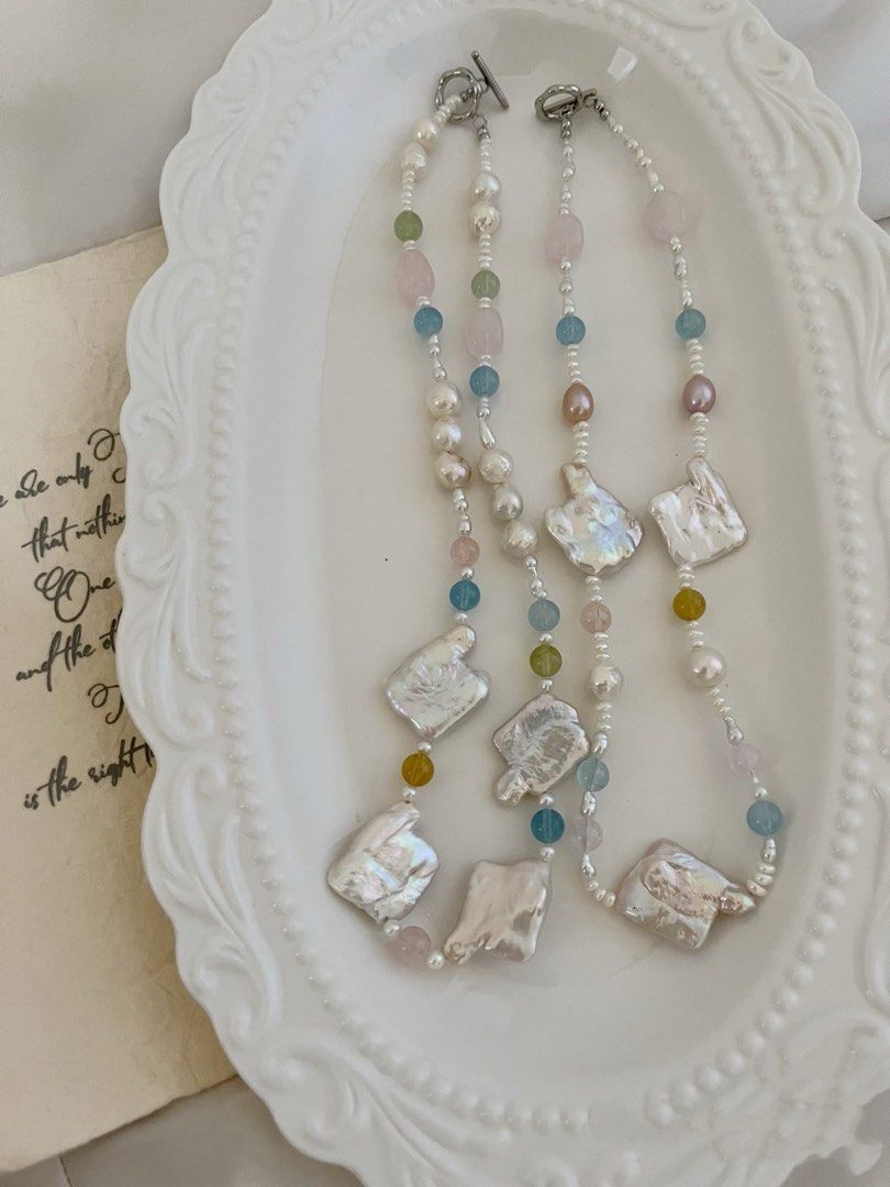 #PN823 Summer Macaron | Freshwater Pearl Necklace | Morganite | Irregular Big Square Baroque | Wrinkled Baroque | Lustrous | Don’t Miss This Gem
