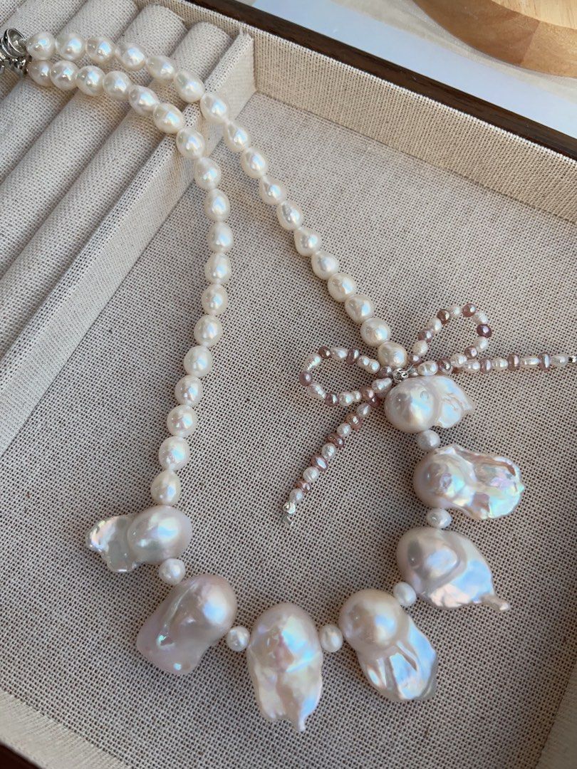 #PN838 Freshwater Pearl Necklace | Pearl Bow Tie Design| Lustrous Fishtail Baroque|Natural Flaws | Genuine Curiosity