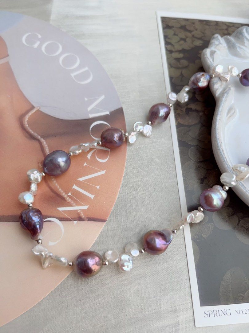 #PN844 Freshwater Pearl Necklace | Blueberry Metallic Purple Wrinkle Baroque | White Silver Petal Pearl|Natural Flaws | Empower Confidence