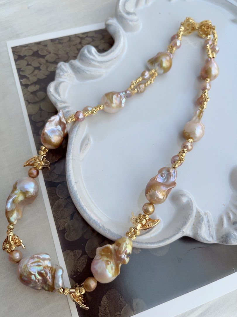 #PN848 Freshwater Pearl Necklace | Butterfly Dancing| Golden Shining Fishtail Baroque | Braided Design| Vintage&Fashion| Rare Colour | Perfect Gift 🎁 for Anniversary
