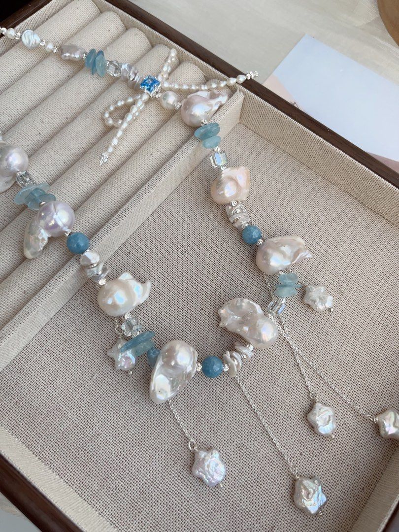 #PN851 Freshwater Pearl Necklace | White Lustrous Fishtail Baroque | Shooting Stars ✨ | Aquamarine Chips| Layered Petals| Pearl Bow Tie| Milky Way on Your Neck