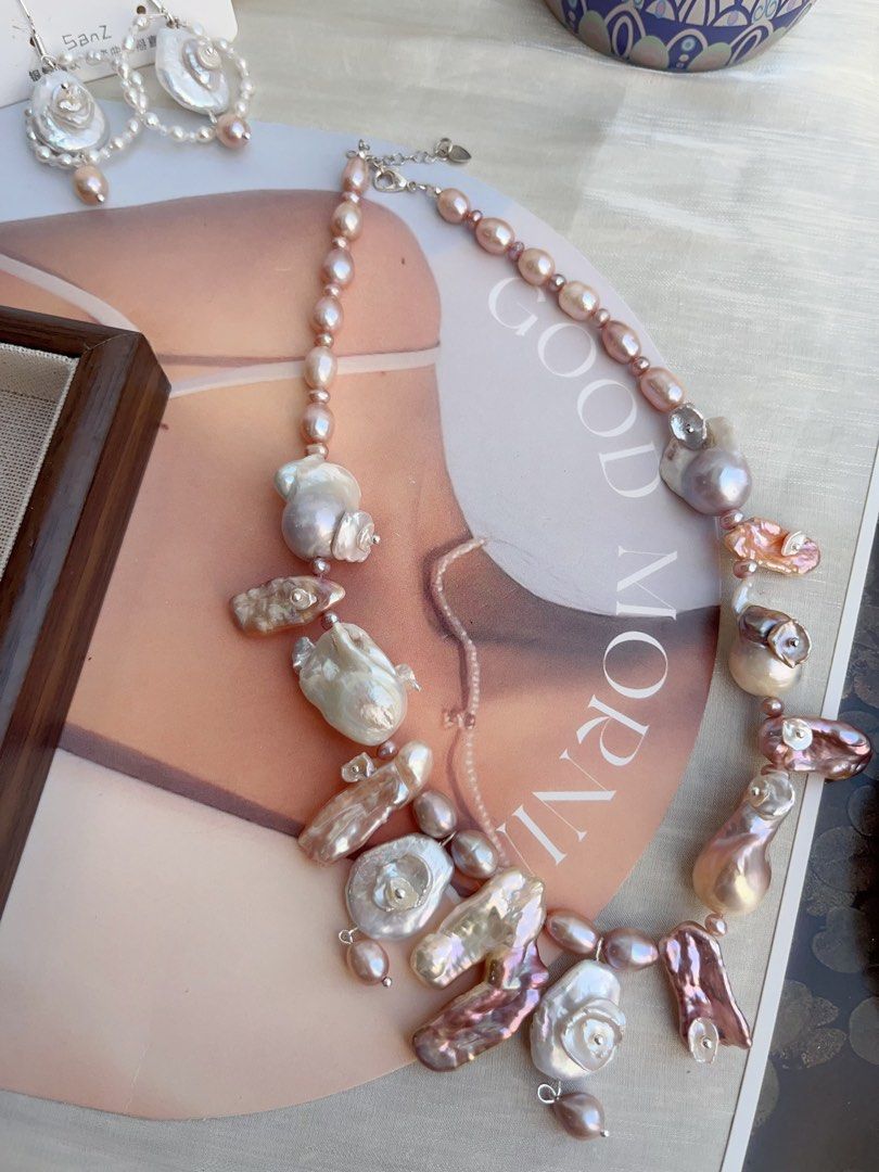 #PN853 Freshwater Pearl Necklace & Earrings Set | Secret Garden | Big Lute Pearl| Petal on Lute| Petals on Fishtail Baroque | Asymmetrical Casual Design