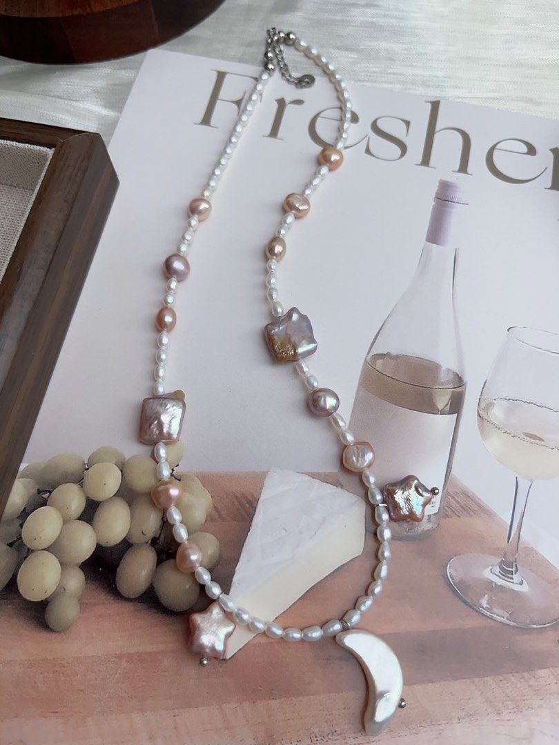 #PN911 Freshwater Pearl Necklace | Excellent Lustre | Baby Rice Pearl | Purple Square | Purple Star ⭐ | White Moon 🌙 | Milky Way Theme | Elegant & Fun