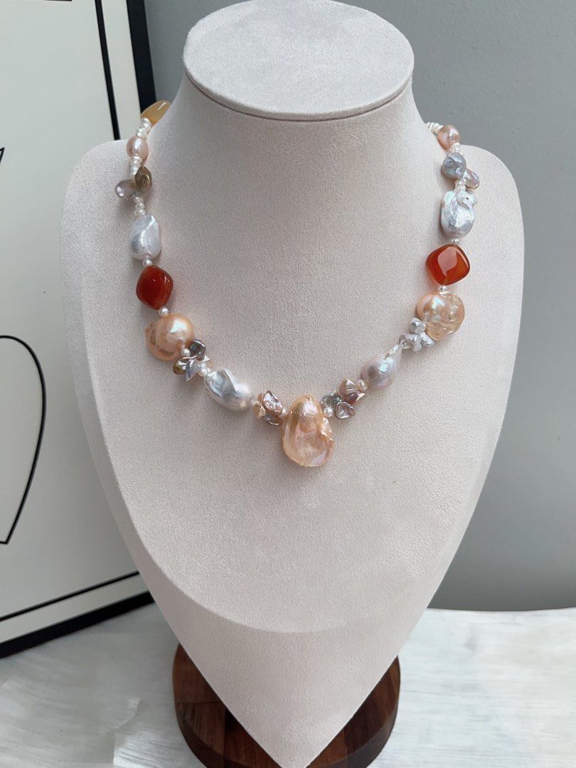 #PN913 Freshwater Pearl Necklace | Agate Square | White Small Baroque | Big Champagne Fishtail Baroque | Silver, Purple Metallic Butterfly 🦋 Petal| For Wedding, Anniversary Gift 💝