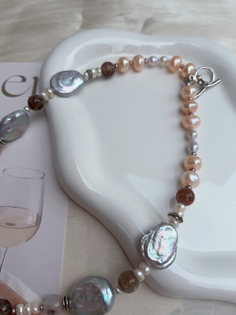 #PN914 Freshwater Pearl Necklace | Electro-treated Grey Colour Pancake Shaped Baroque | Blue-golden Wrinkle Baroque | Moonstone| Fire Quartz | Baby Purple Pearl Ring| Give A Taste of History