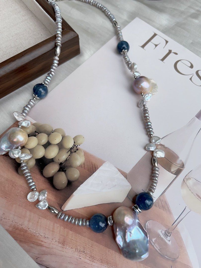 #PN920 Freshwater Pearl Necklace | Kyanite | Blue Fishtail Baroque | Lustrous Big Tail| Treated Colour Grey Baby Pearl| Clam Power| You Stand Firm