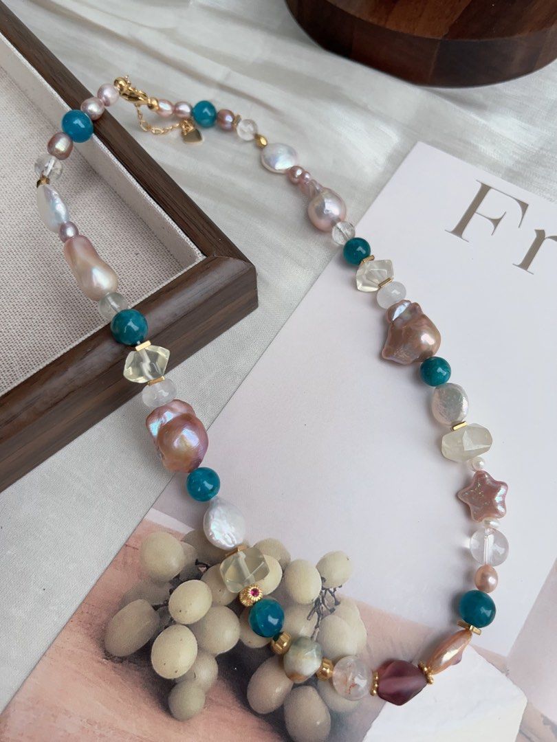 #PN923 Freshwater Pearl Necklace | Blue Apatite | Citrine Faceted | Star Baroque | Fishtail Baroque | Irregular Shapes| Natural Flaws| Colourful Summer