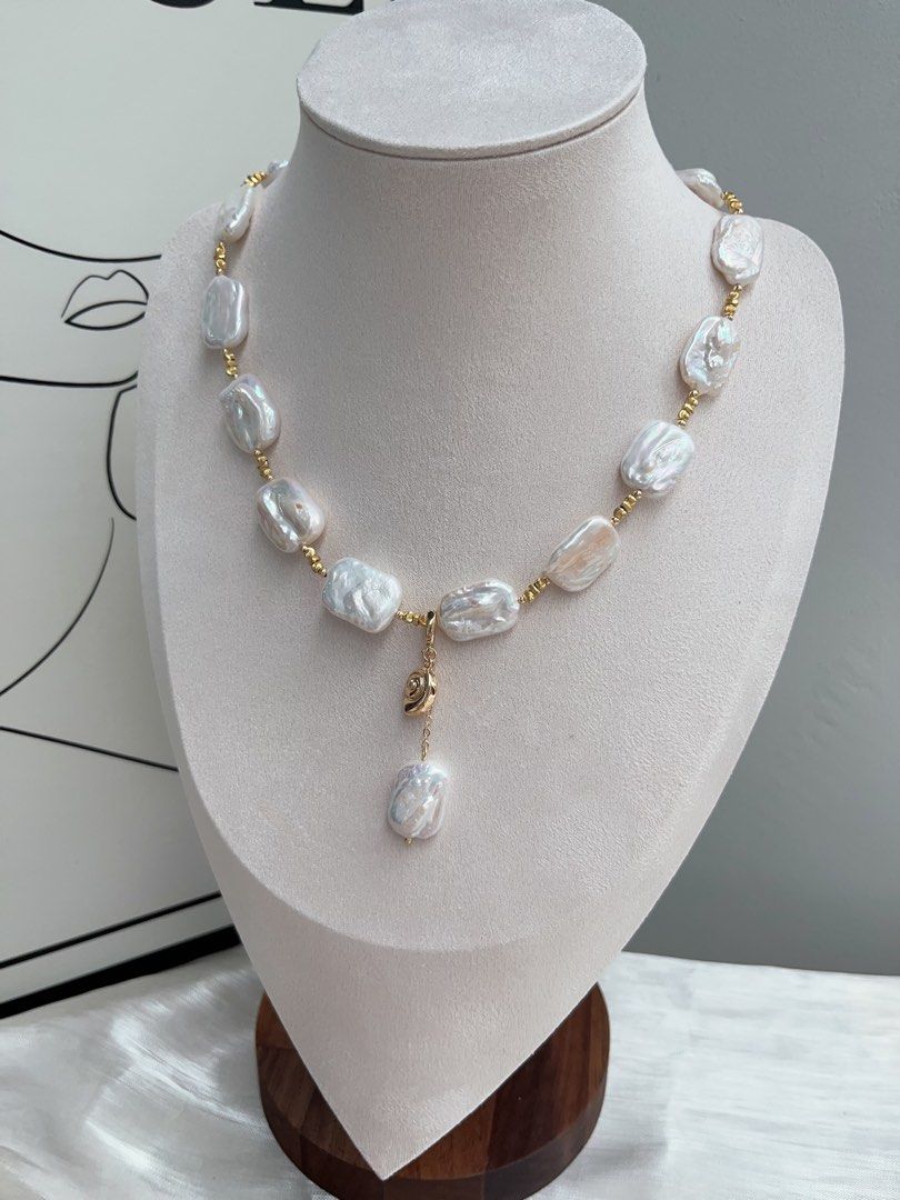 #PN925 Freshwater Pearl Necklace & Bracelet & Ear Studs Set| Detachable Pendant | Candy-paper Square Baroque | White Chocolate | Can Connect to Wear| Exotic Jewelry