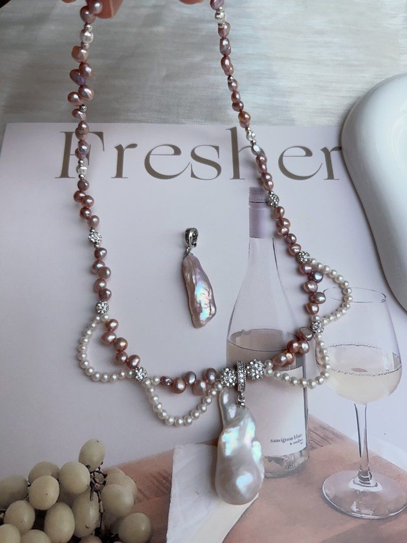 #PN938 Freshwater Pearl Necklace | Two Removable Pendants | Purple Baby Stone Pearl| Metallic Lustre | 3mm Baby Pearl Laces | 30mm Big Baroque Pendant | Romance & Elegance | Perfect for Gift 💝