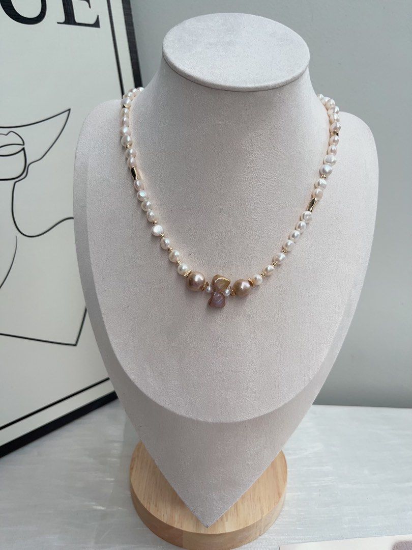 #PN942 Freshwater Pearl Necklace | Golden Baroque | Golden Purple Ribbon 🎀 Pearl| Heart Clasp | For the Women Who Love Elegance