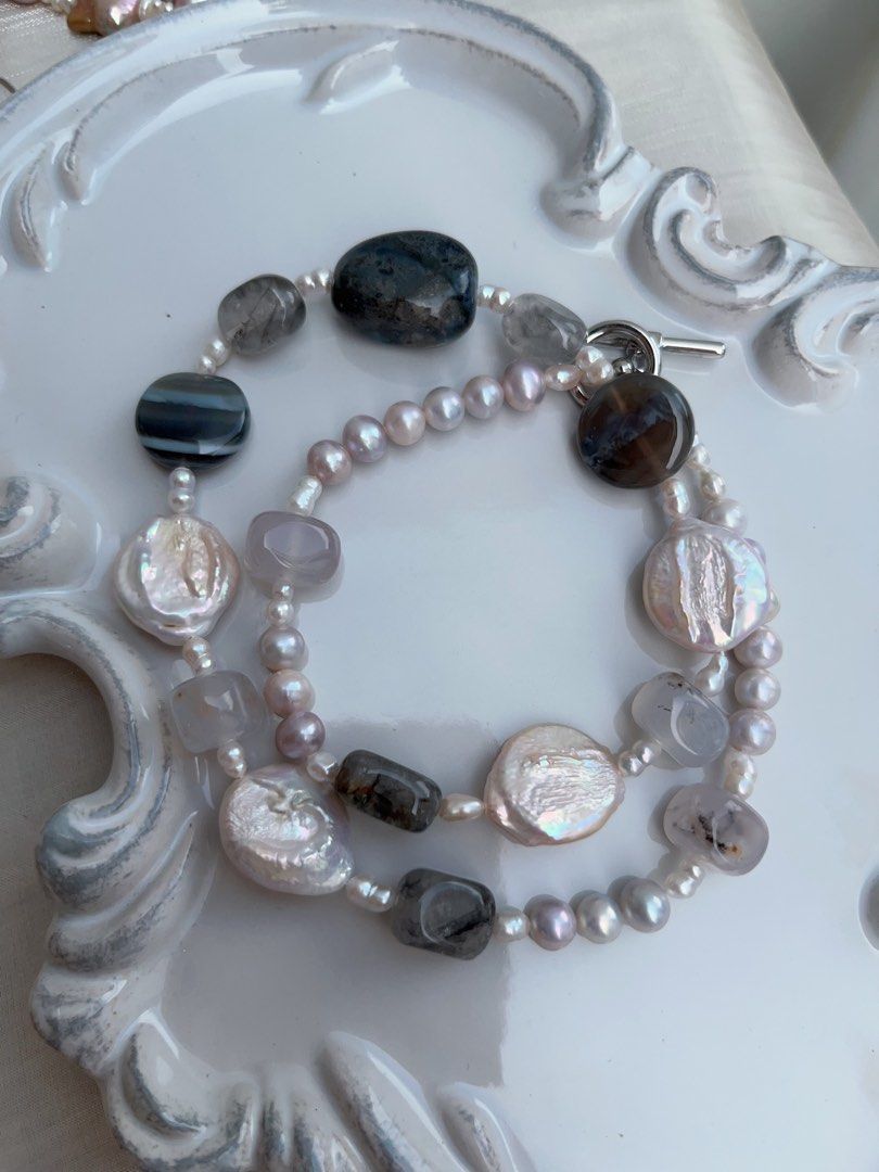 #PN956 Freshwater Pearl Necklace | Grey-ish Pearl | Dark Agate| Translucent Body| Coin Lace Agate| Big Waterdrop Plate Pearl| 48cm| Endlessly Elegant