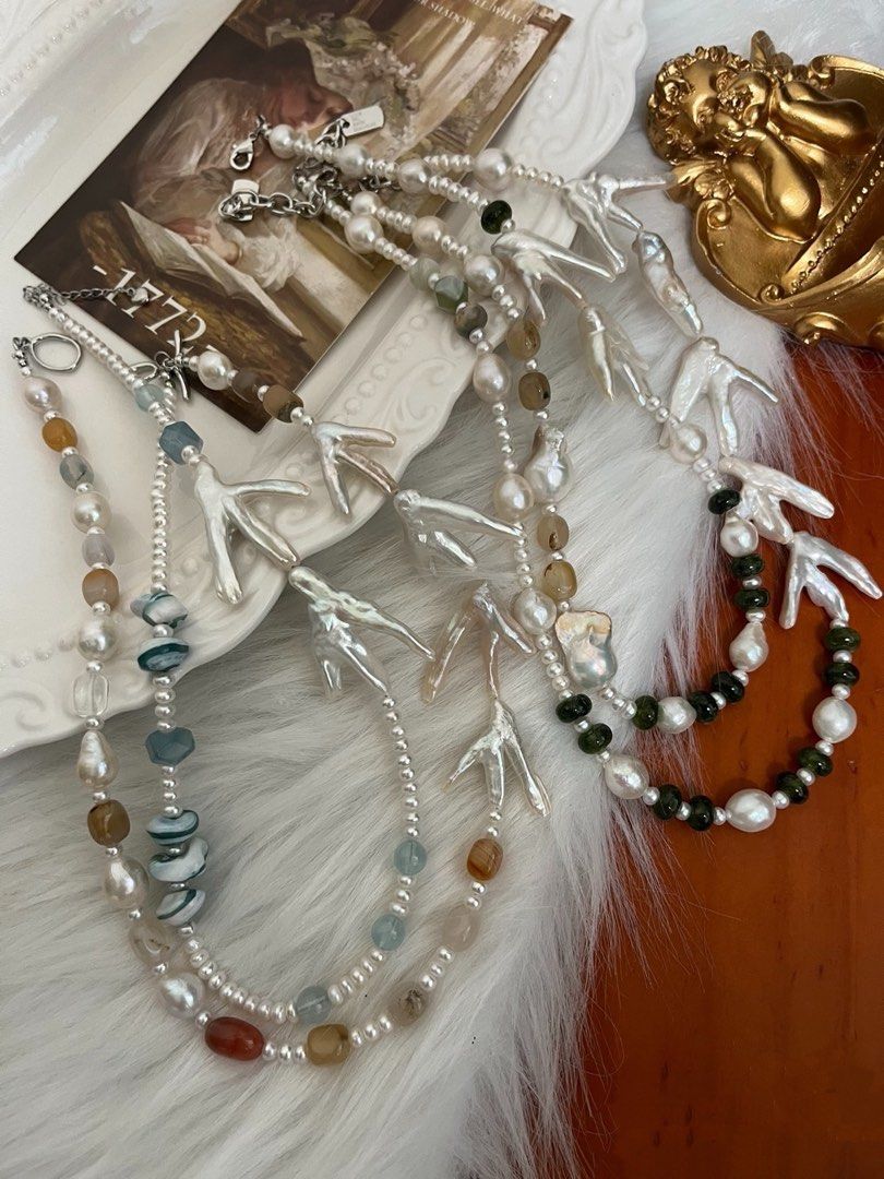 #PN975 Freshwater Pearl Necklace | Rare Chicken Claw🤣 Shaped Baroque | Faceted Aquamarine | Agate| Tsavorite Abacus | Wild Jungle Style
