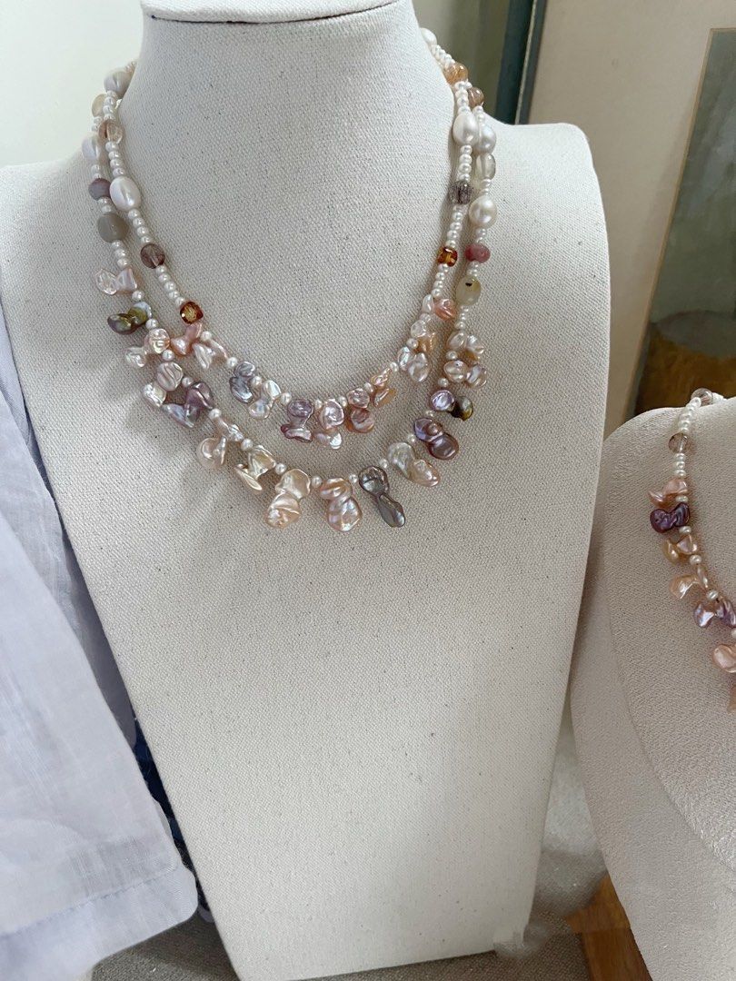 #PN976 Freshwater Pearl Necklace | Fused Silver-stone Baroque | Butterfly Like| Excellent Lustre| Super 7| Amber Cubes| Agate| Meant to Fly High| Gift 💝 Choice