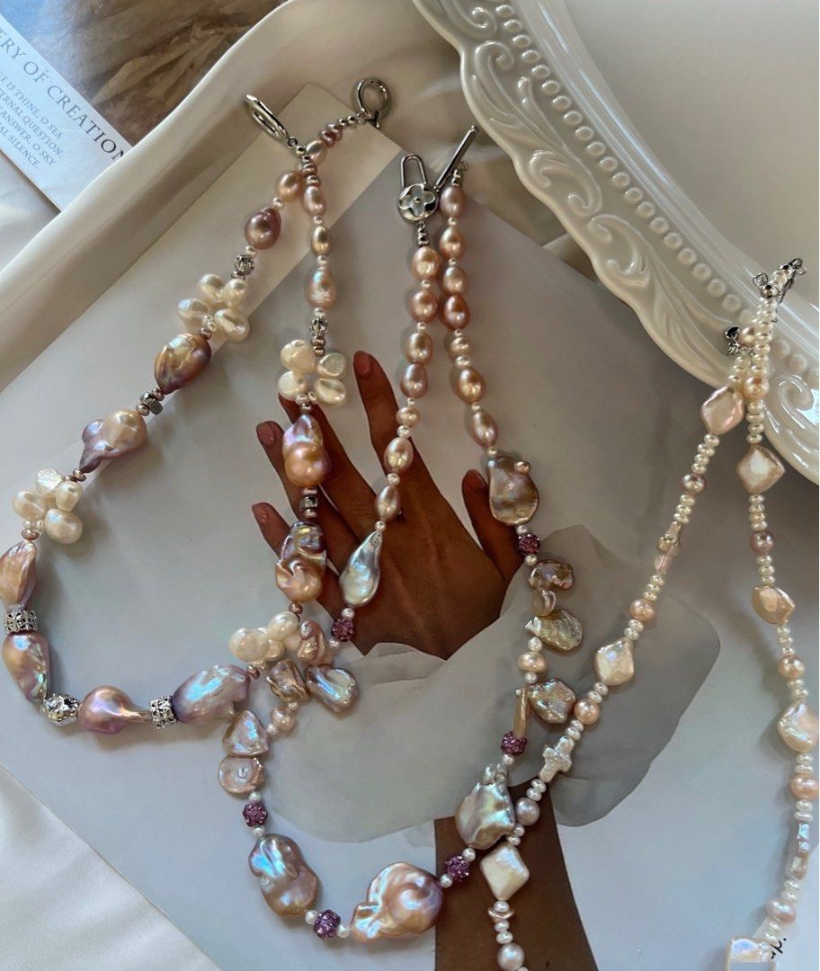 #PN983 Freshwater Pearl Necklace | Fishtail Baroque | Super Big Stick Pearl | Butterfly Silver-Stone| Metallic Petals| Excellent Lustre | Square Baroque | MOP Clover Clasp| Baby Pearl | Natural Stones | Beauty of Mother Nature | Gift Choice