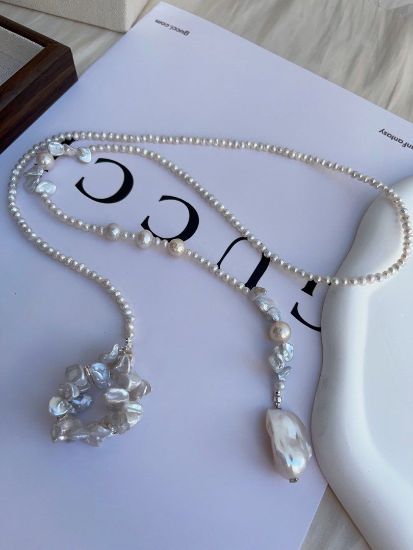 #PN992 Freshwater Pearl Necklace | 78cm Long Sweater Necklace | Flower Ring Design | Silver-stone Pearl| Fishtail Baroque | Lustrous | Multi Wearing | Unwrap Your Signature Sparkle