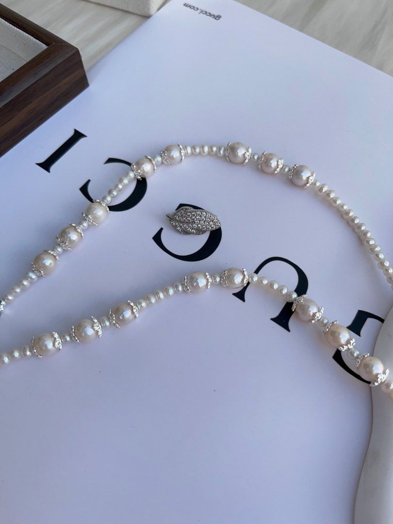 #PN994 Freshwater Pearl Necklace | Long Sweater Necklace 78cm| White Fishtail Baroque | Excellent Lustre | Wear at All Length| Silver Leaf 🍃 Clasp| Your Shine, Your Statement