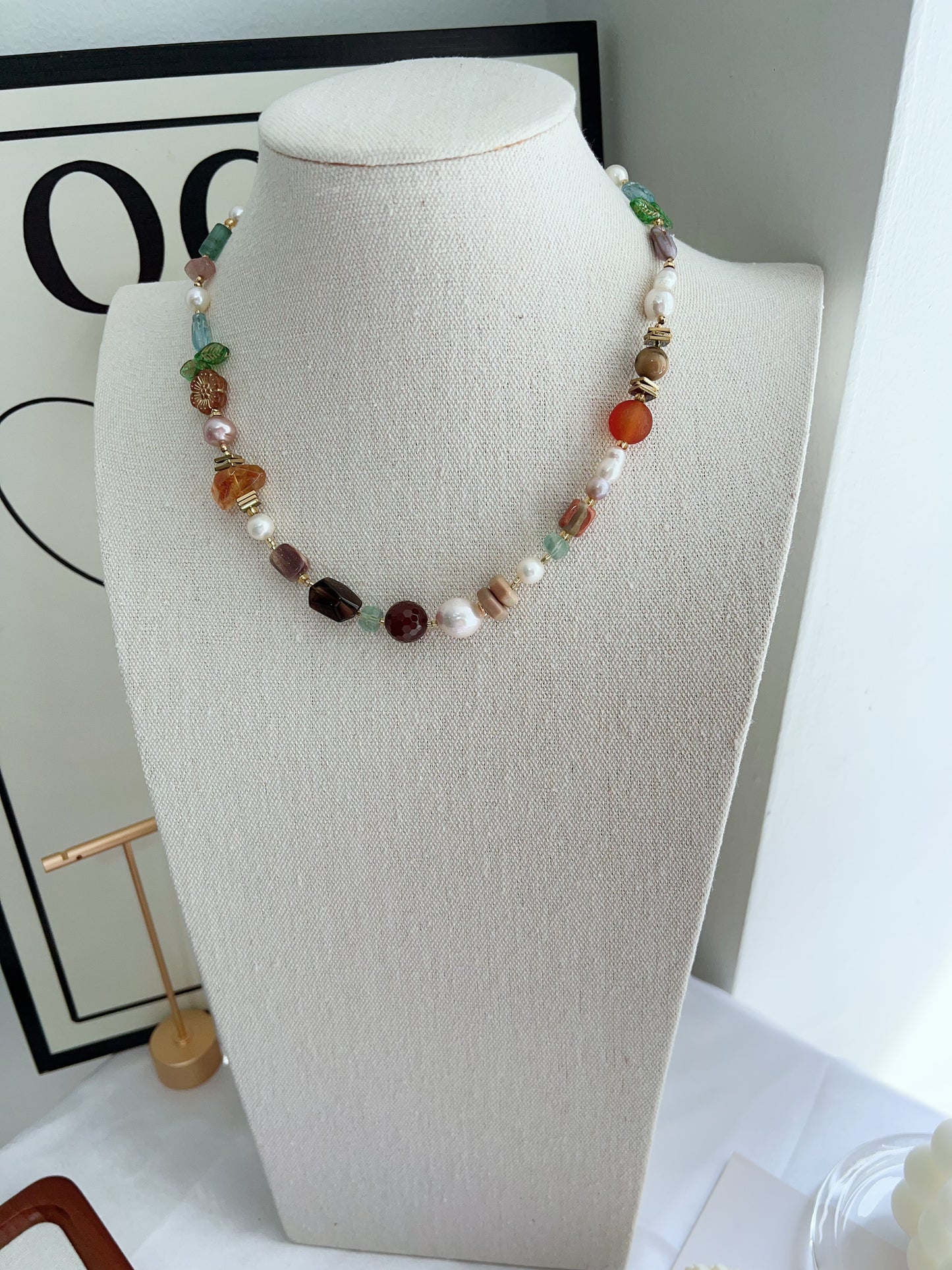 #PN1262 Freshwater pearl necklace agate fluorite citrine flower & leaf design colorful 43+5cm