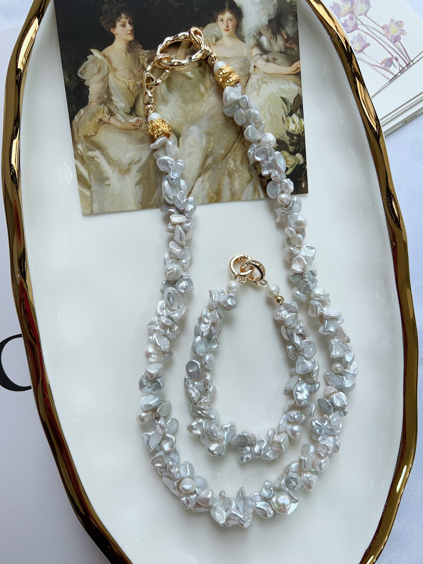 #PN1245 Freshwater Pearl Necklace & Bracelet Set 19cm 47cm caterpillar design blue grey Lustre can connect to wear double-end clasp bracelet butterfly irregular Pearl