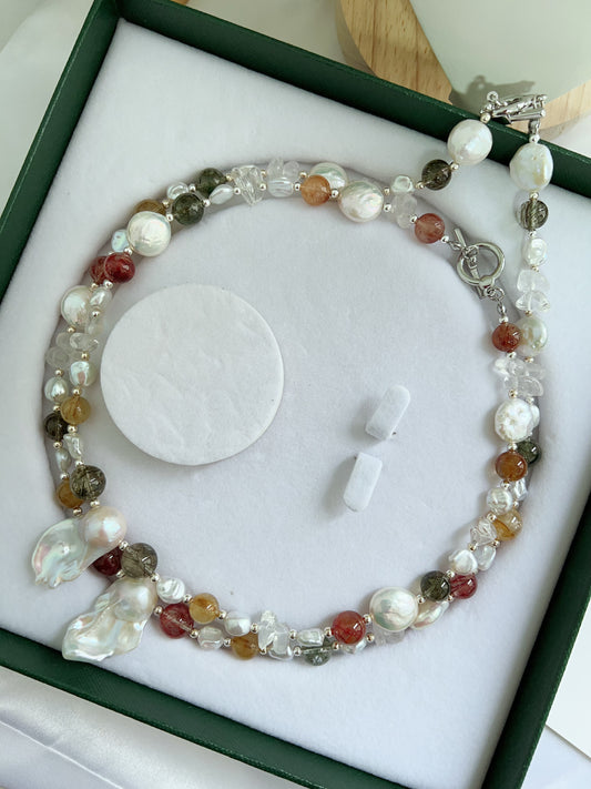 #PN1279 Freshwater pearl necklace high quality rutile colorful Rutilated quartz coin baroque pearl fishtail baroque pearl