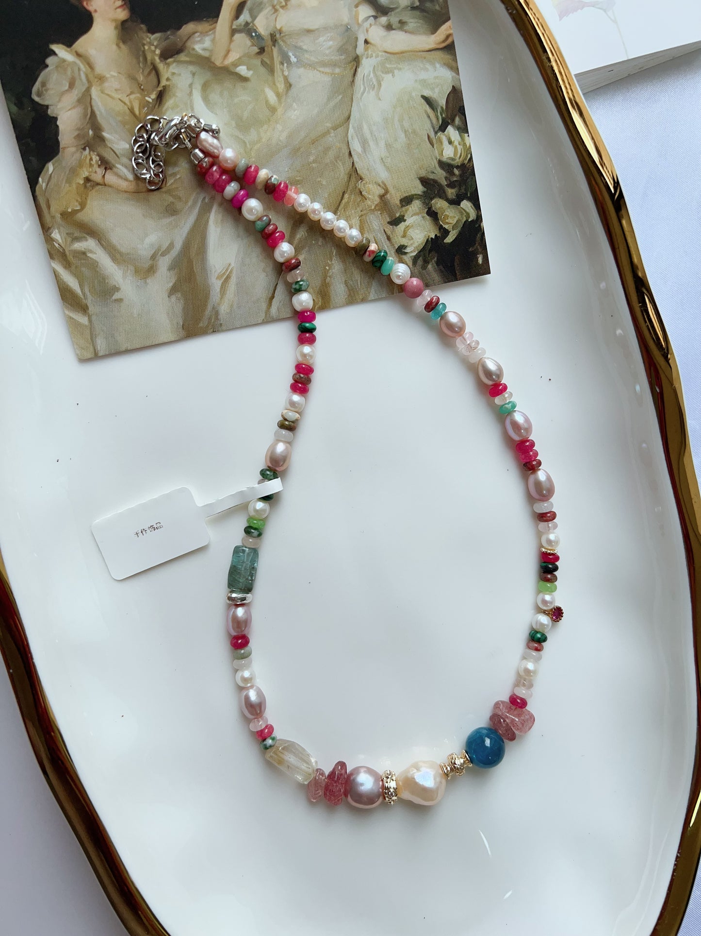 #PN1255 Freshwater pearl necklace 40+5cm Blue Apatite tourmaline citrine strawberry quartz