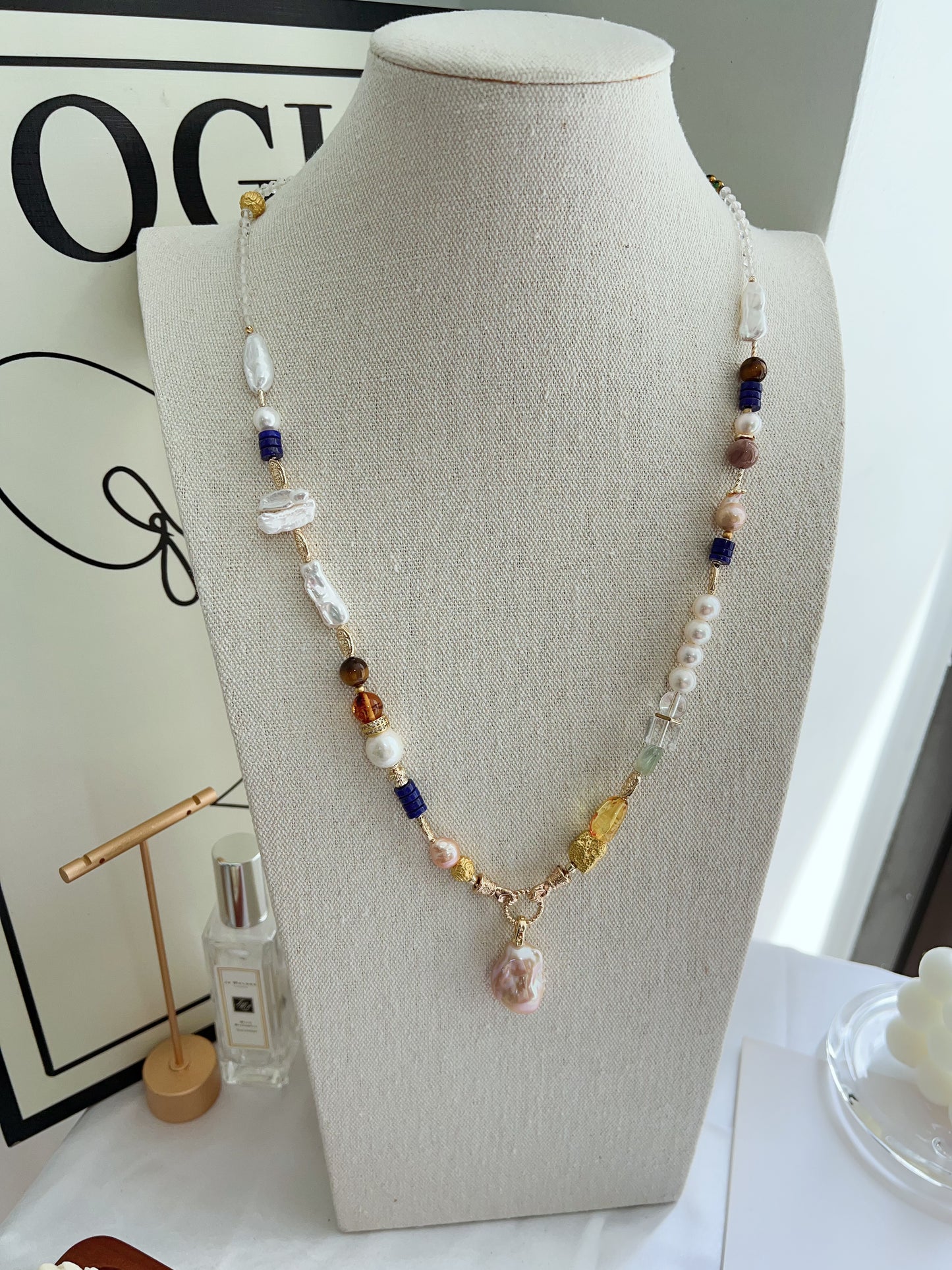 #PN1263 Freshwater pearl necklace 65cm amber fluorite detachable pendant fishtail baroque pearl lapis lazuli