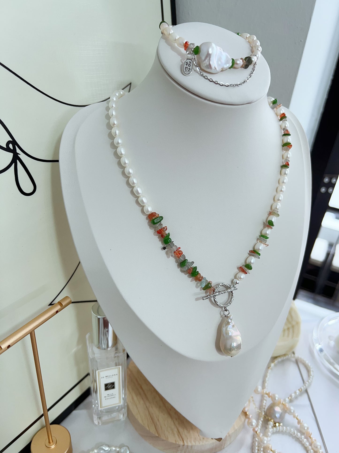 #PN1270 Freshwater pearl necklace & bracelet set agate Labradorite aventurine chips big fishtail baroque pendant lustrous