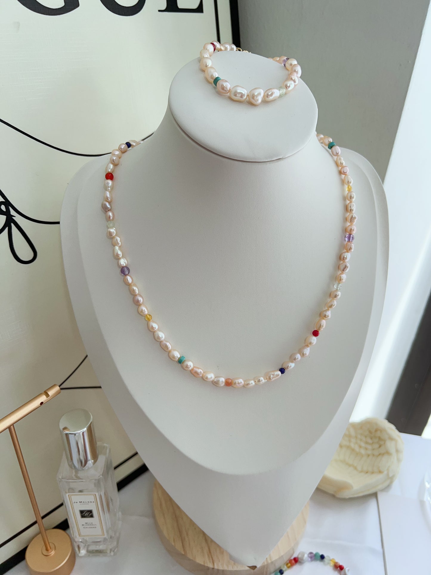 #PN1266 Freshwater Pearl Necklace & Bracelet Set champagne golden pearl rainbow natural stones agate amazonite lapis lazuli prehnite small beads