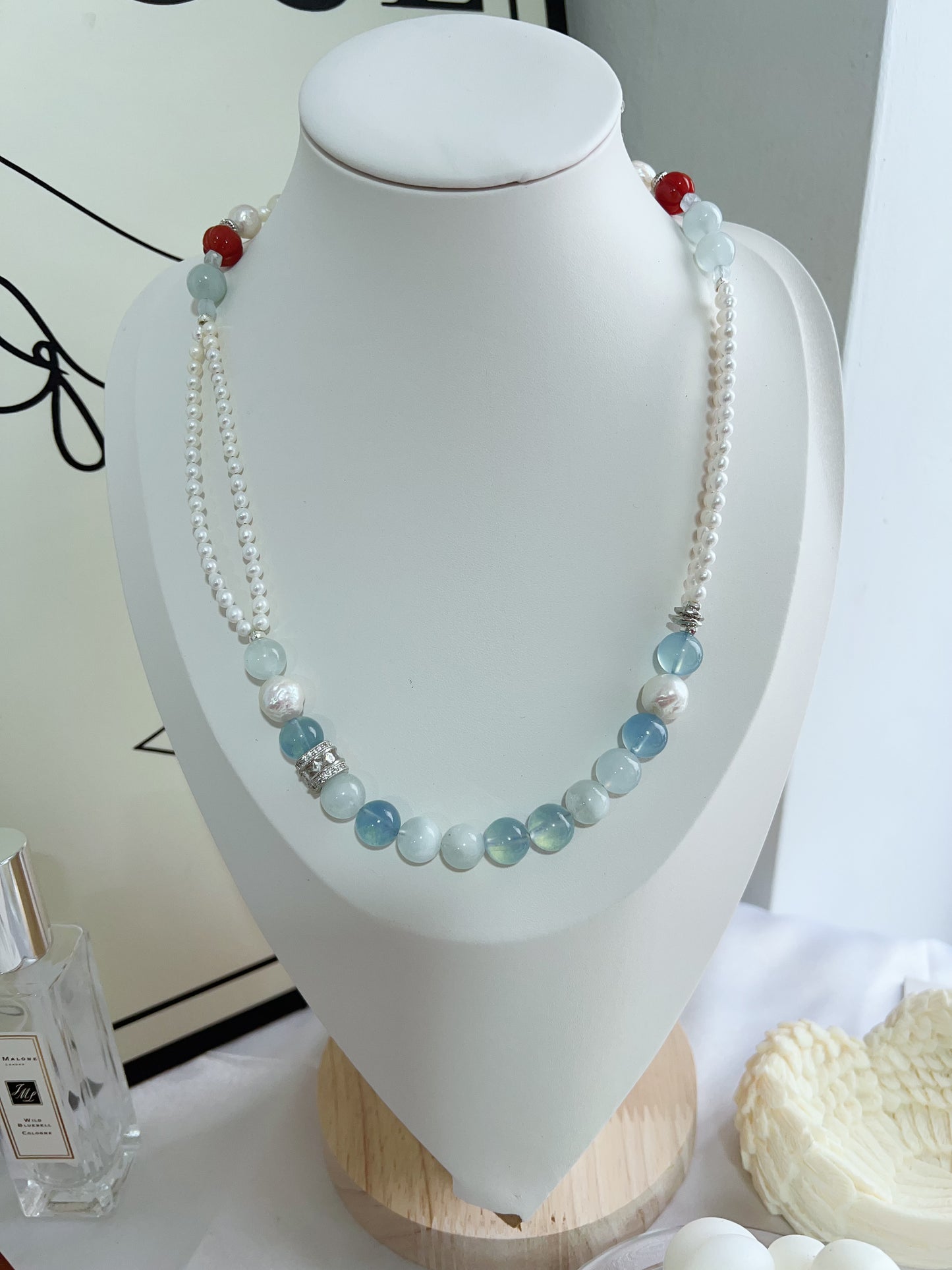 #PN1283 Freshwater pearl necklace & bracelet set top quality aquamarine gradient color Jinsi jade double-layered baby pearl