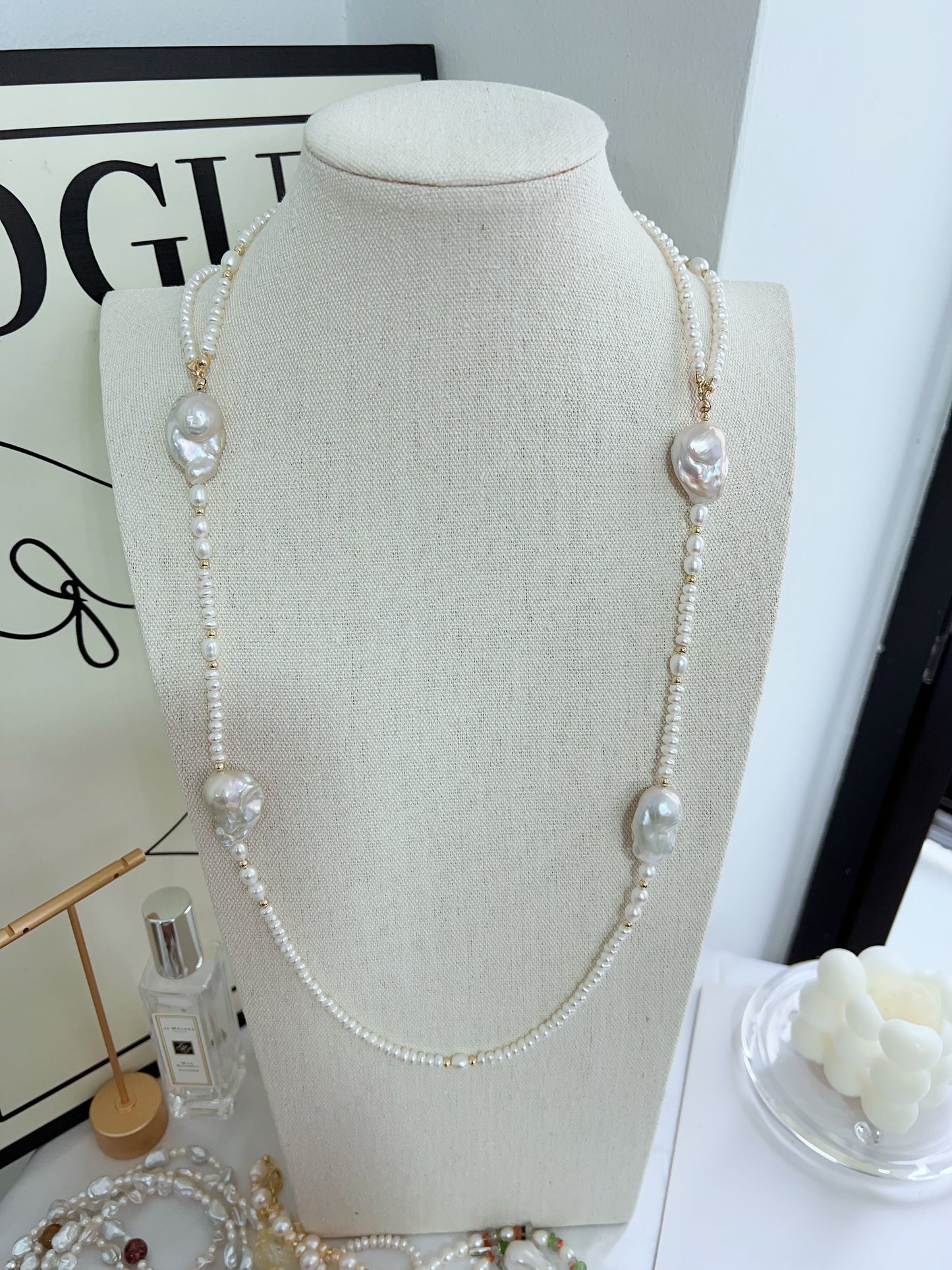 #PN1269 Freshwater pearl necklace long necklace 2-layer big fishtail baroque pearl baby pearl 76cm NO clasp