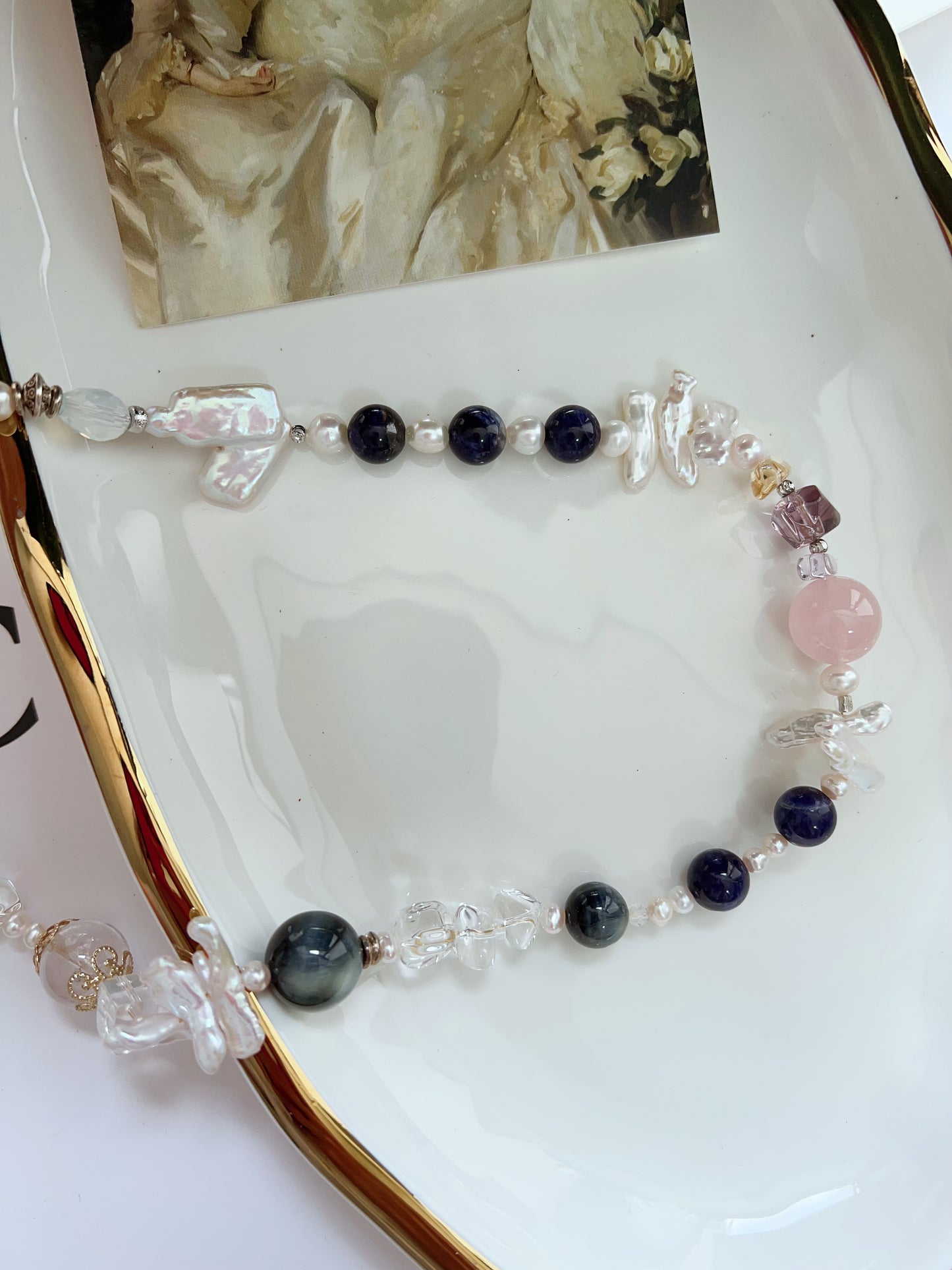 #PN1264 Freshwater pearl necklace 64cm tiger eye lapis lazuli rose quartz citrine amethyst lute pearl clear quartz multiple wearing