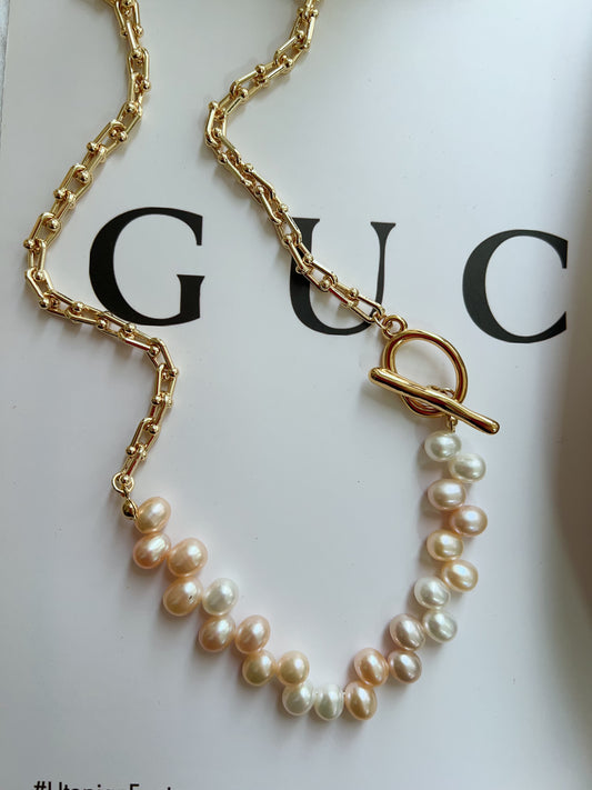 #PN1275 Freshwater pearl necklace lace pattern lustrous half chain half pearl design upfront clasp