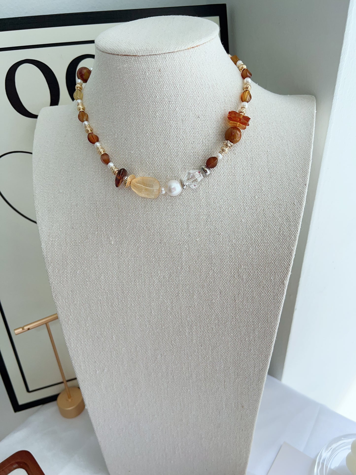 #PN1261 Freshwater pearl necklace agate citrine freeform beeswax lustrous baroque 37+5cm