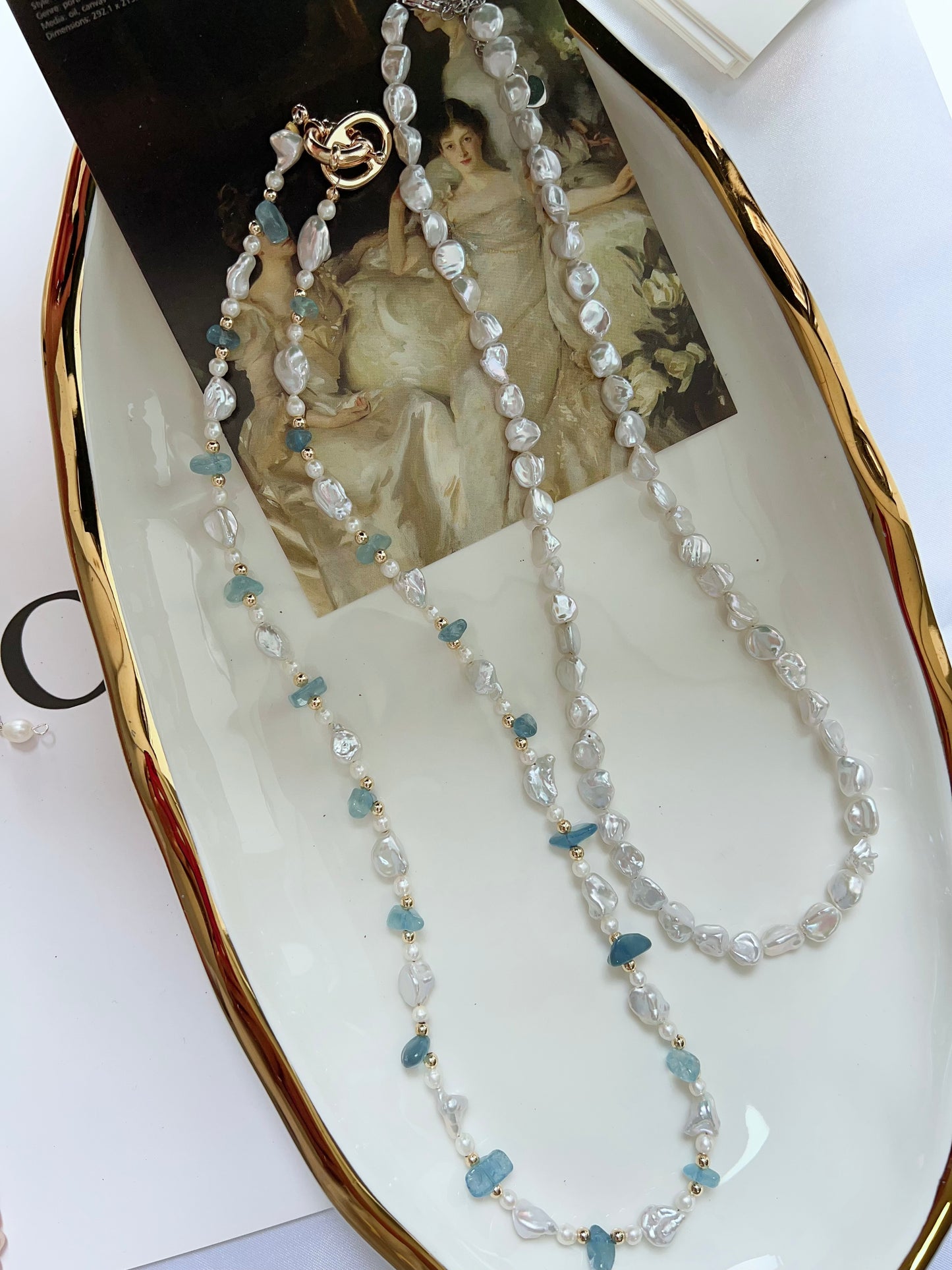 #PN1268 Freshwater pearl necklace set 3 pcs set high quality aquamarine chips ancient silver stone irregular pearl lustrous dainty pendant