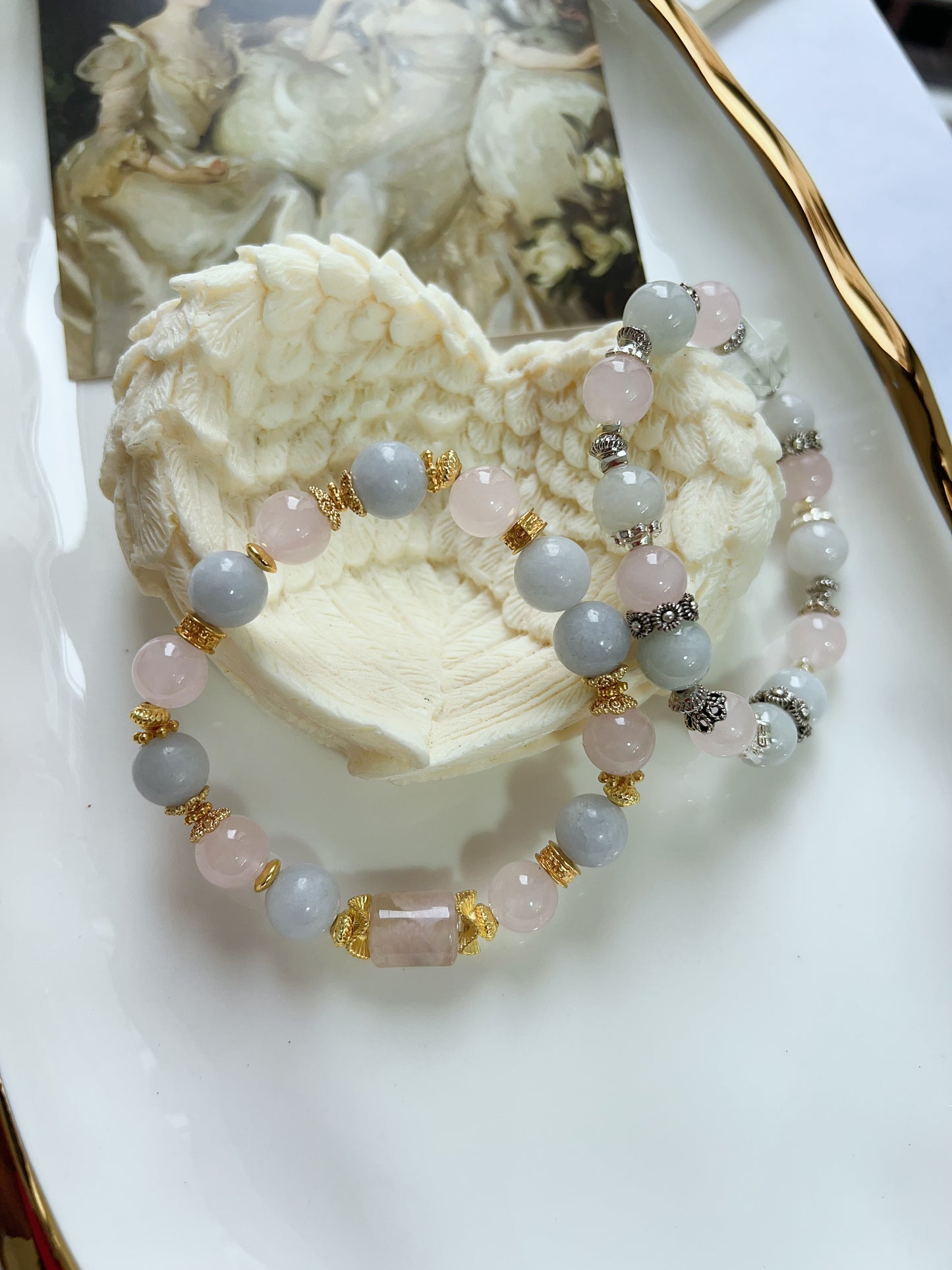#B17 Crystal Bracelet Blue Calcite Rose Quartz Jadeite Flower Agate Barrel Green Quartz Freeform