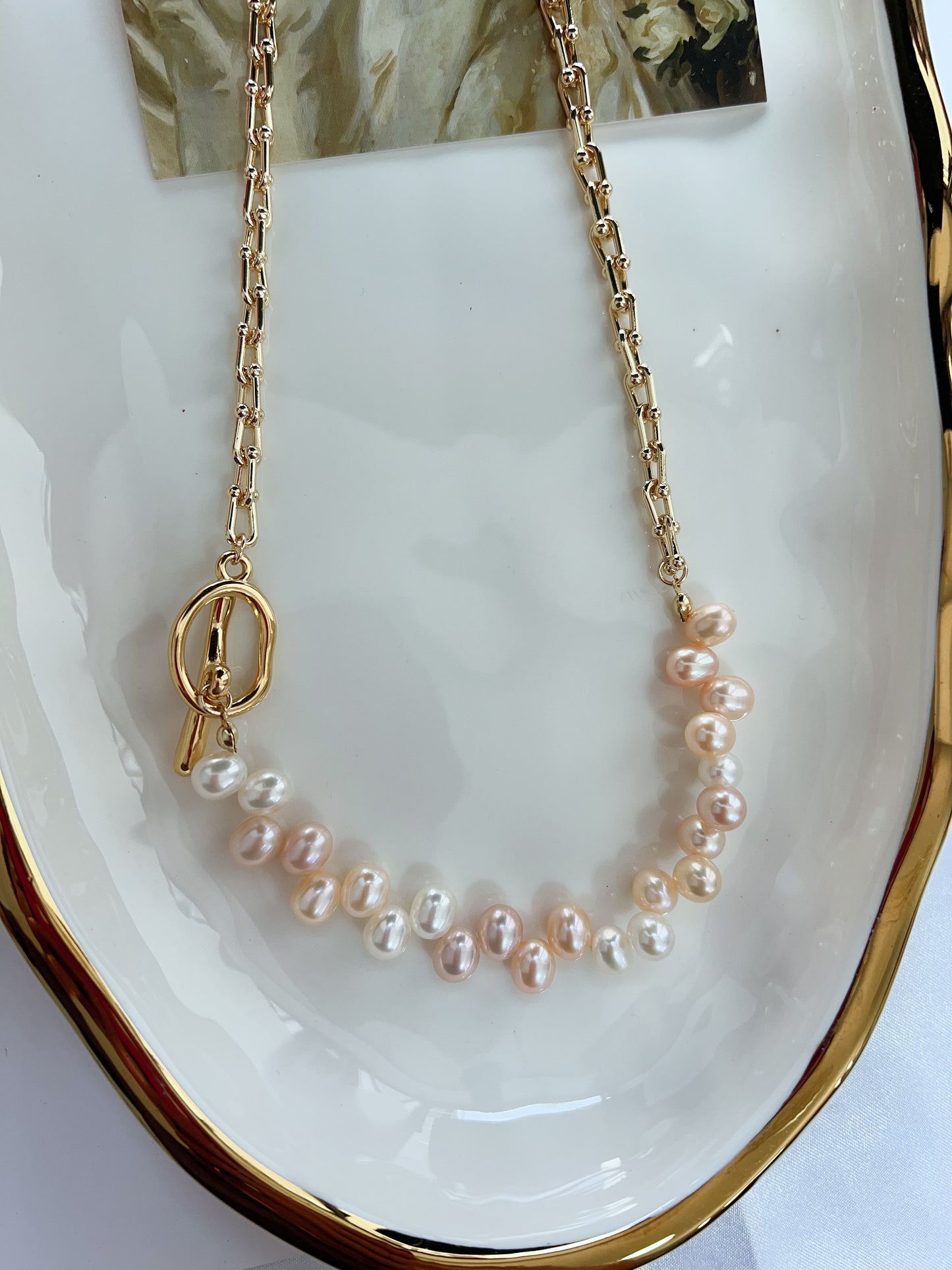 #PN1275 Freshwater pearl necklace lace pattern lustrous half chain half pearl design upfront clasp