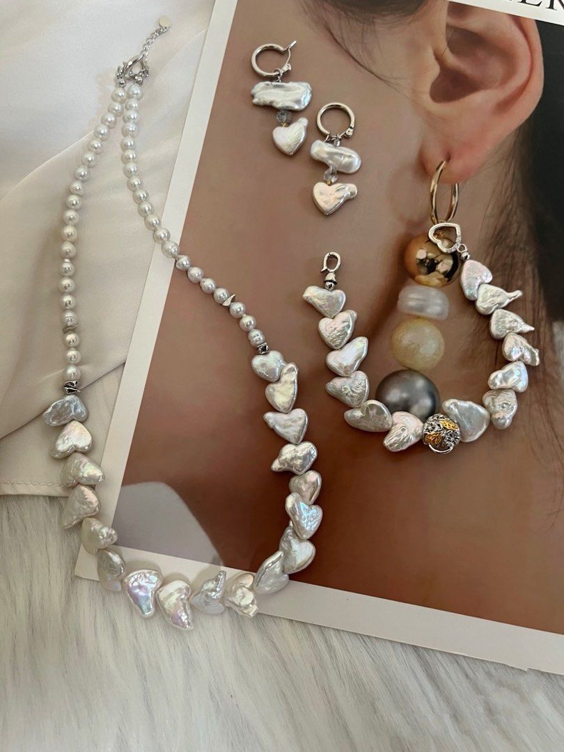 #PN536 Silver Heart|Freshwater Pearl Necklace & Bracelet & Earrings Set |Heart Shaped Baroque Pearl |Silver Lustre|Lute Shaped Pearl