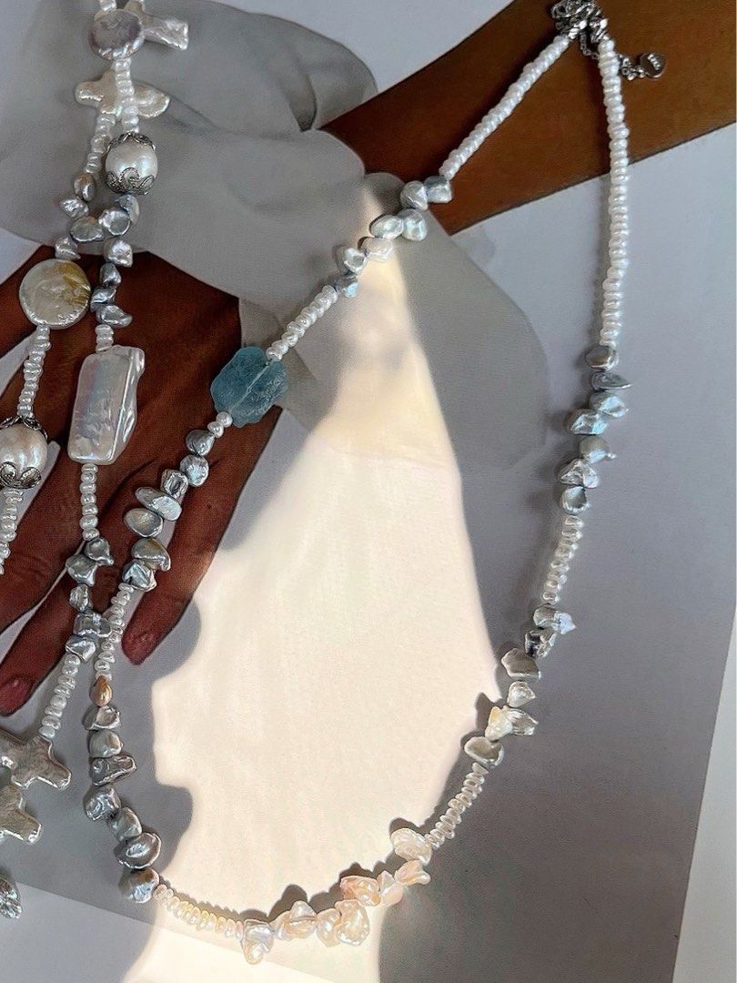 #PN481 Silver Summer | Freshwater Pearl Necklace | Aquamarine | Silver Pearl Petals |Baby Baroque Pearl