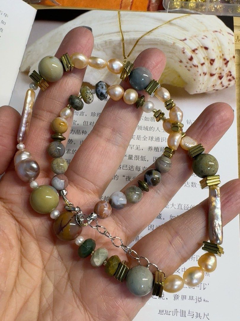 #PN494 Tribal Ethnic | Freshwater Pearl Necklace | Agate| Mixed Shapes | Stick Pearl| Baroque| Natural Stones